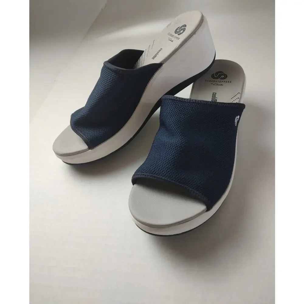 Clarks Cloudsteppers  Cali Bay Blue Canvas Slip On Wedge Heel Sandal Women US 10